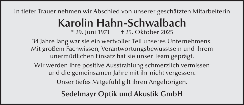  Traueranzeige für Karolin Hahn-Schwalbach vom 06.11.2025 aus FZ