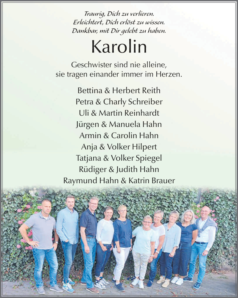  Traueranzeige für Karolin Hahn-Schwalbach vom 06.11.2025 aus FZ