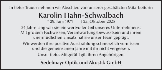 Traueranzeige von Karolin Hahn-Schwalbach von FZ