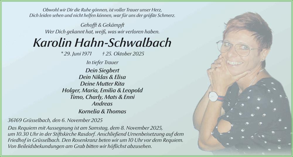  Traueranzeige für Karolin Hahn-Schwalbach vom 06.11.2025 aus FZ