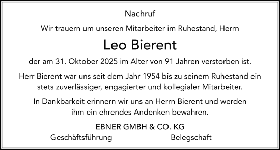 Traueranzeige von Leo Bierent von FZ