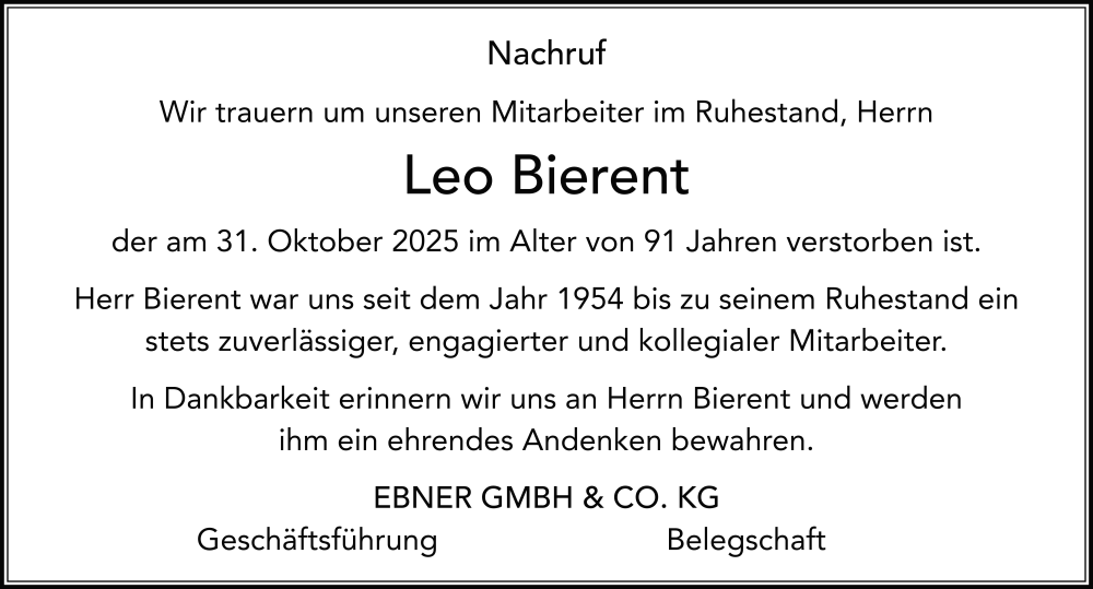  Traueranzeige für Leo Bierent vom 08.11.2025 aus FZ