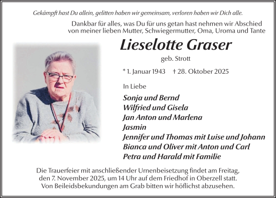 Traueranzeige von Lieselotte Graser von FZ