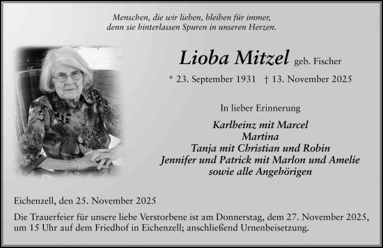 Traueranzeige von Lioba Mitzel von FZ