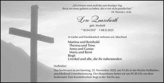 Traueranzeige von Lore Quasebarth von FZ