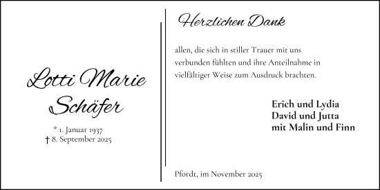 Traueranzeige von Lotti Marie Schäfer von FZ