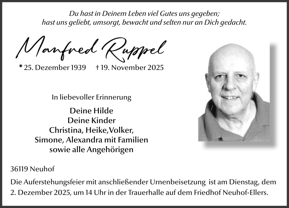  Traueranzeige für Manfred Ruppel vom 29.11.2025 aus FZ