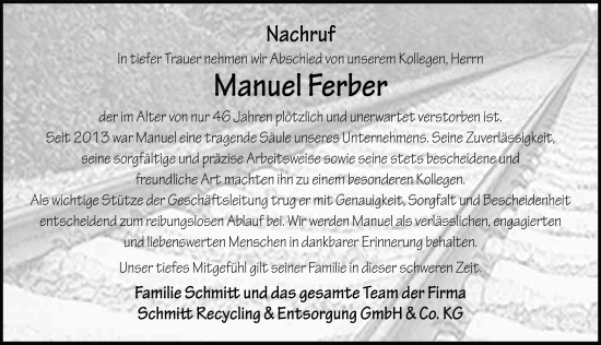 Traueranzeige von Manuel Ferber von FZ