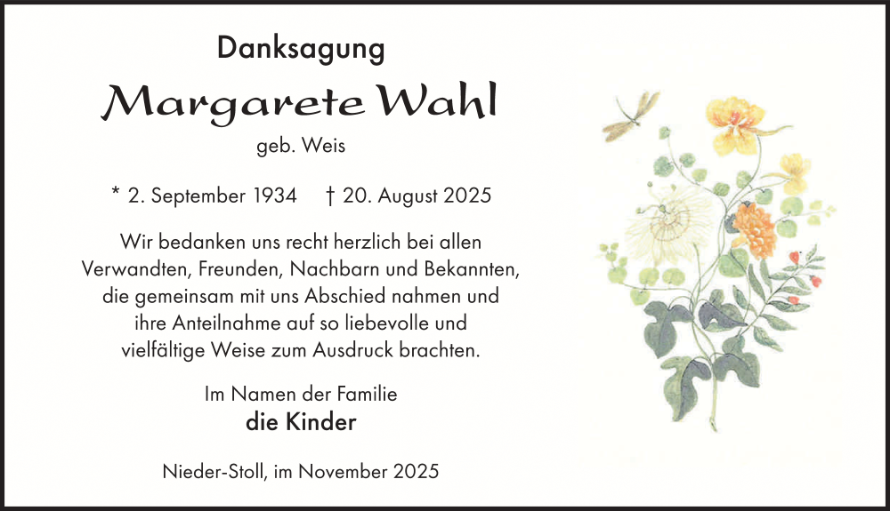  Traueranzeige für Margarete Wahl vom 01.11.2025 aus FZ