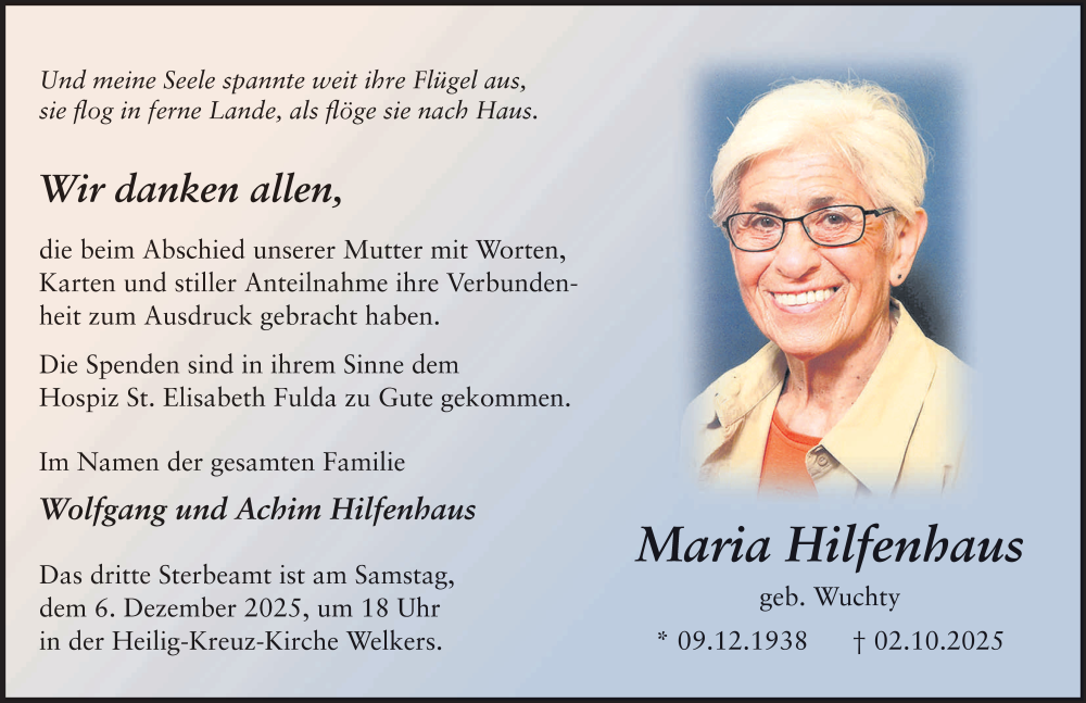  Traueranzeige für Maria Hilfenhaus vom 29.11.2025 aus FZ