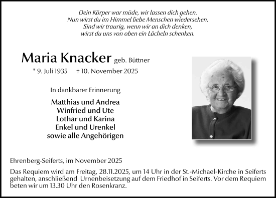 Traueranzeige von Maria Knacker von FZ