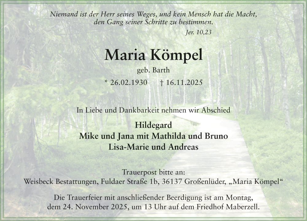  Traueranzeige für Maria Kömpel vom 21.11.2025 aus FZ