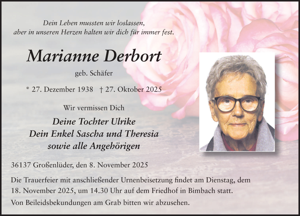  Traueranzeige für Marianne Derbort vom 08.11.2025 aus FZ