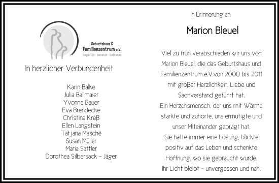 Traueranzeige von Marion Bleuel von FZ