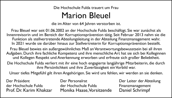 Traueranzeige von Marion Bleuel von FZ