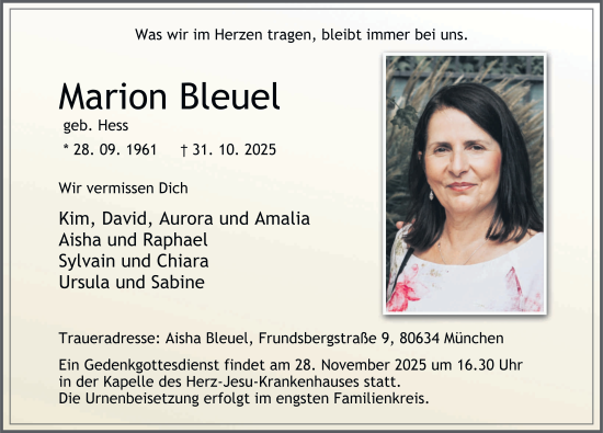 Traueranzeige von Marion Bleuel von FZ