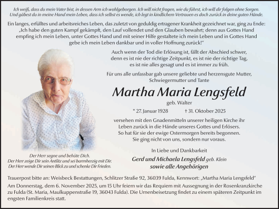 Traueranzeige von Martha Maria Lengsfeld von FZ