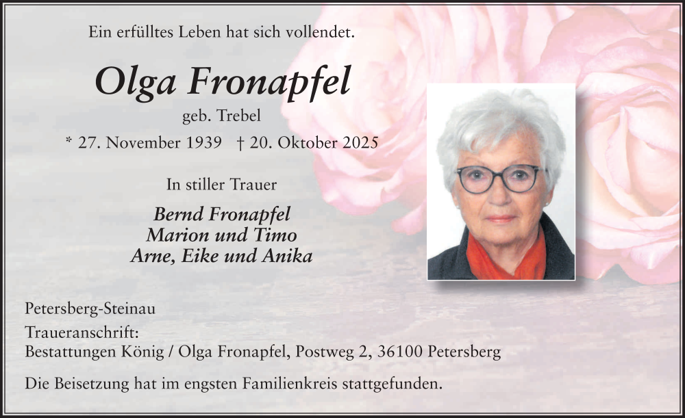  Traueranzeige für Olga Fronapfel vom 01.11.2025 aus FZ
