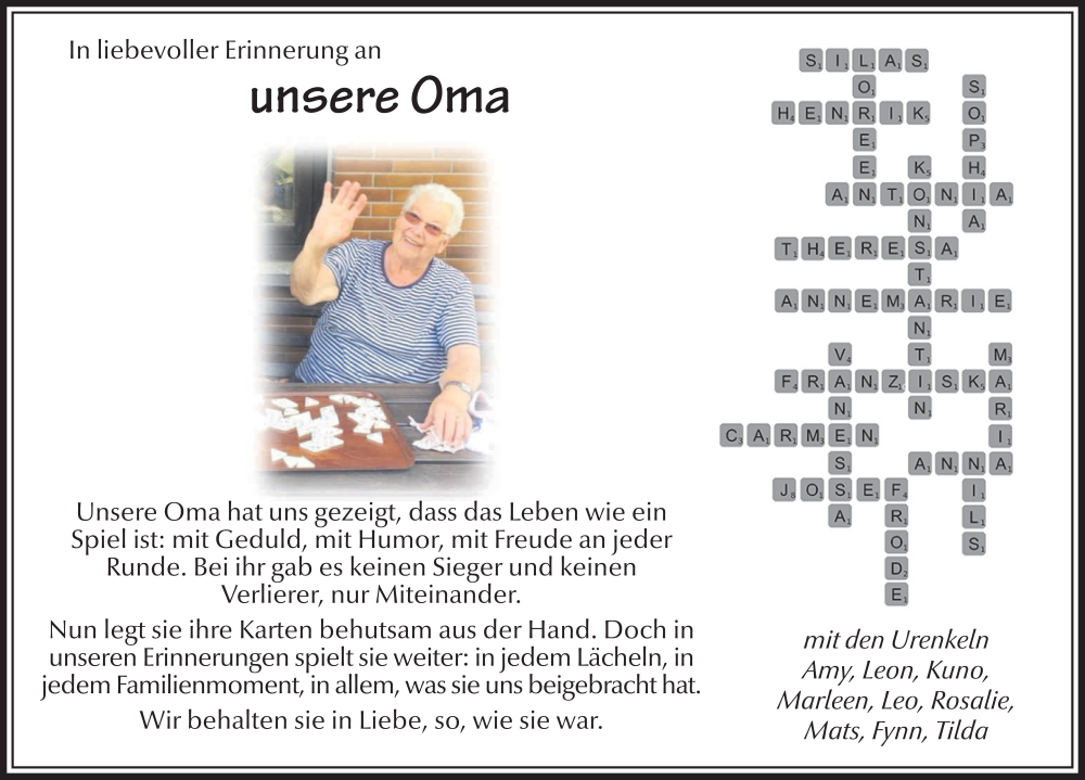  Traueranzeige für Oma  vom 22.11.2025 aus FZ