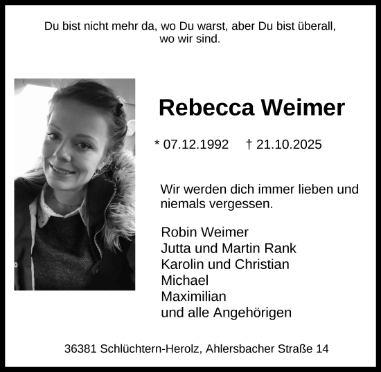 Traueranzeige von Rebecca Weimer von FZ