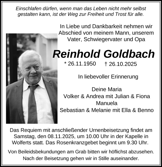 Traueranzeige von Reinhold Goldbach von FZ