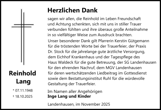 Traueranzeige von Reinhold Lang von FZ