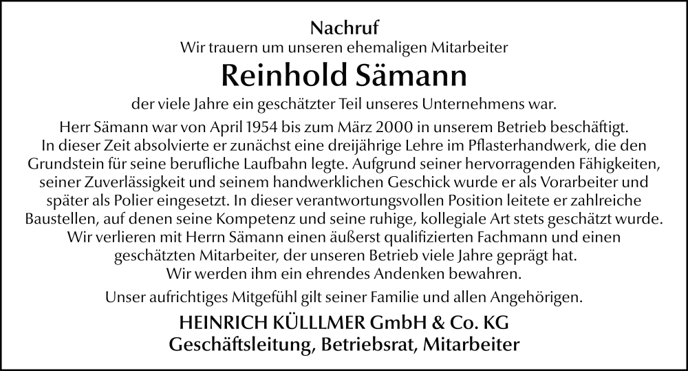  Traueranzeige für Reinhold Sämann vom 29.11.2025 aus FZ
