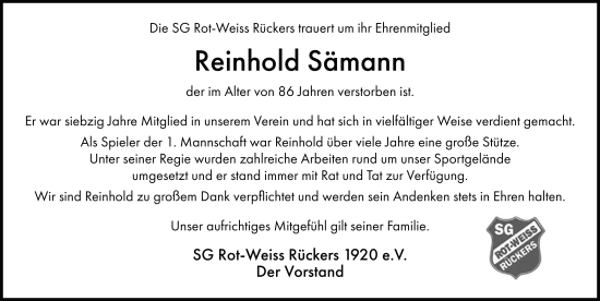 Traueranzeige von Reinhold Sämann von FZ