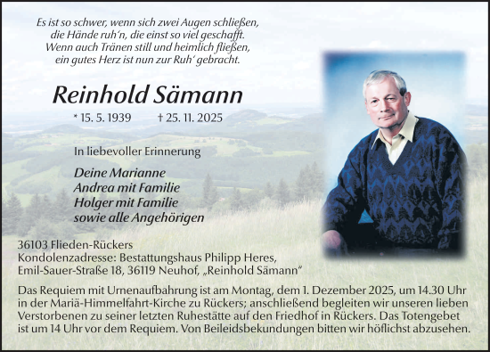 Traueranzeige von Reinhold Sämann von FZ