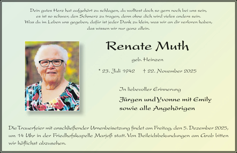 Traueranzeige für Renate Muth vom 29.11.2025 aus FZ