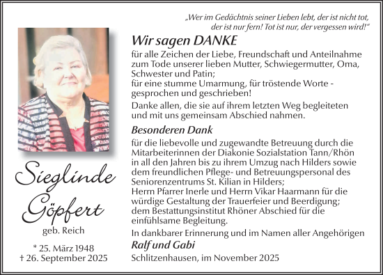 Traueranzeige von Sieglinde Göpfert von FZ