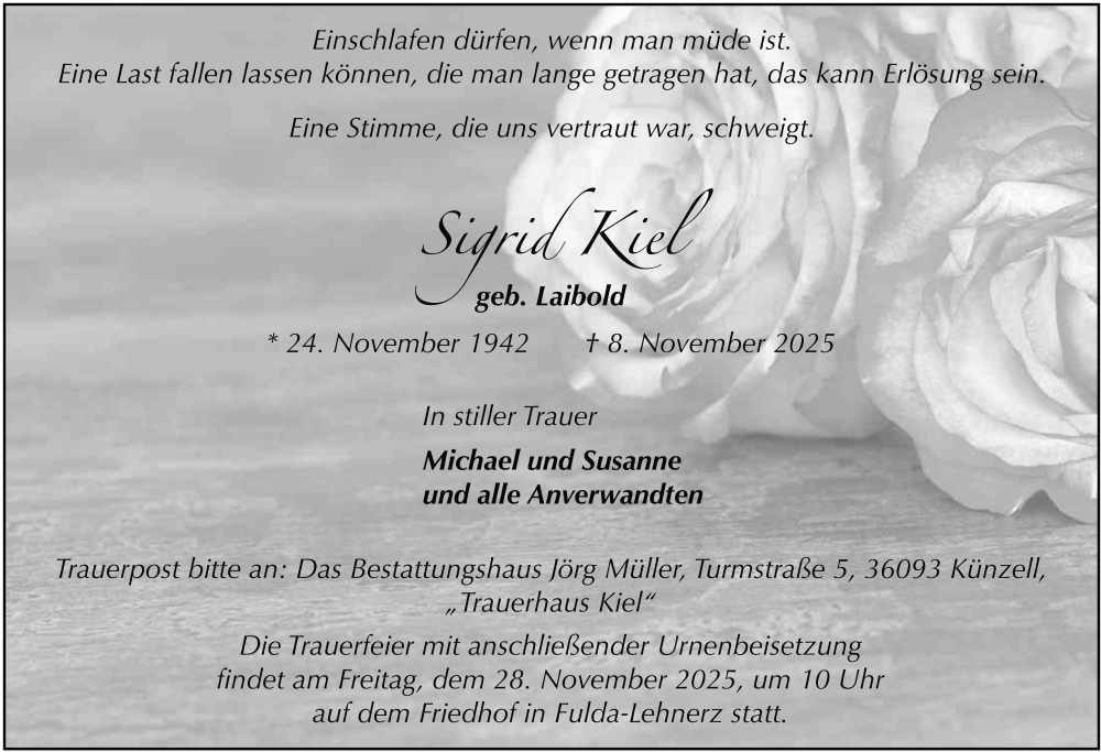  Traueranzeige für Sigrid Kiel vom 22.11.2025 aus FZ