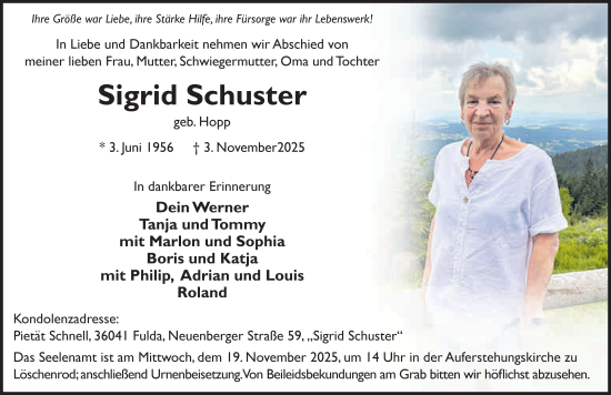 Traueranzeige von Sigrid Schuster von FZ