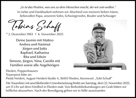 Traueranzeige von Tobias Schuff von FZ