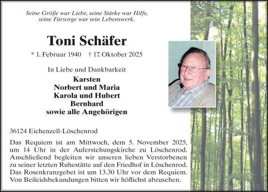 Traueranzeige von Toni Schäfer von FZ