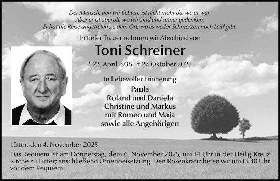 Traueranzeige von Toni Schreiner von FZ