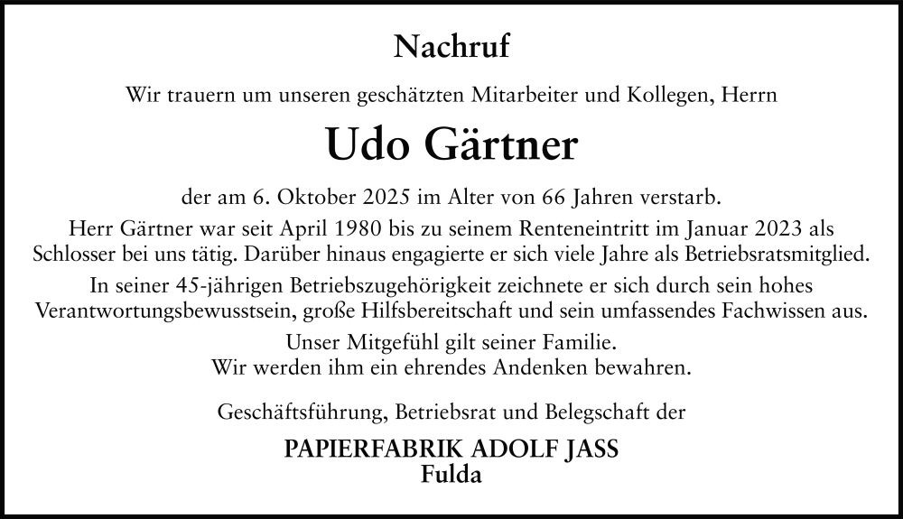  Traueranzeige für Udo Gärtner vom 08.11.2025 aus FZ