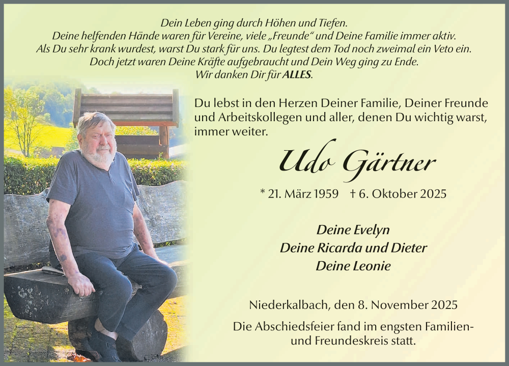  Traueranzeige für Udo Gärtner vom 08.11.2025 aus FZ