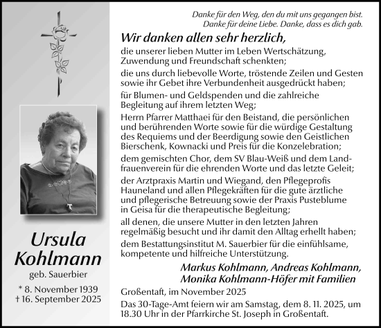 Traueranzeige von Ursula Kohlmann von FZ