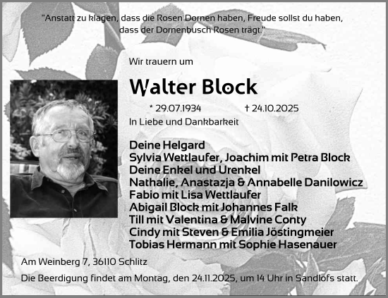 Traueranzeige von Walter Block von FZ