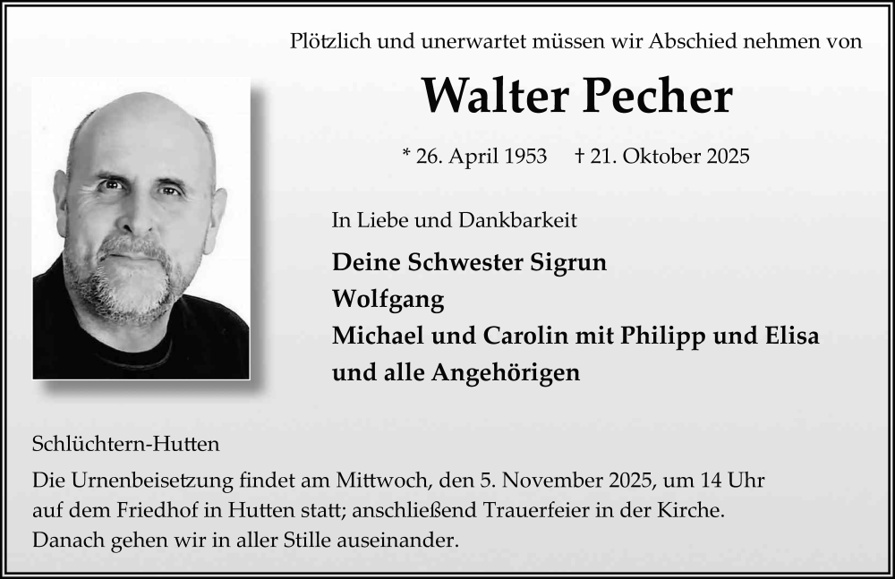  Traueranzeige für Walter Pecher vom 01.11.2025 aus FZ