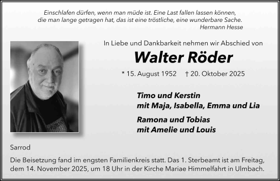 Traueranzeige von Walter Röder von FZ