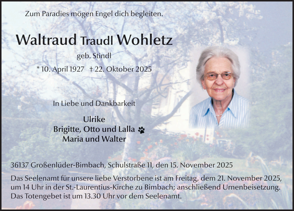  Traueranzeige für Waltraud Traudl Wohletz vom 15.11.2025 aus FZ