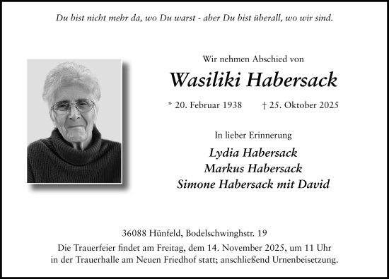 Traueranzeige von Wasiliki Habersack von FZ