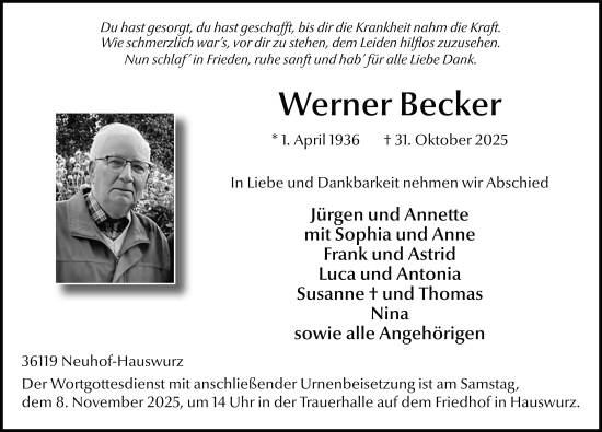 Traueranzeige von Werner Becker von FZ