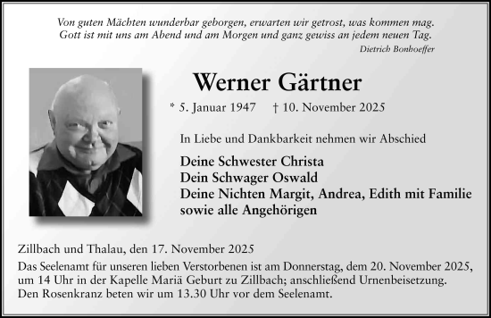 Traueranzeige von Werner Gärtner von FZ