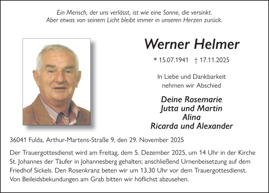 Traueranzeige von Werner Helmer von FZ