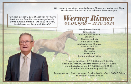 Traueranzeige von Werner Rixner von FZ
