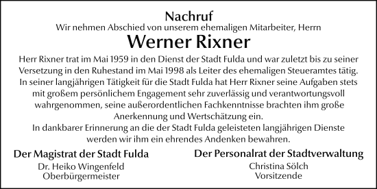 Traueranzeige von Werner Rixner von FZ