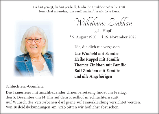Traueranzeige von Wilhelmine Zinkhan von FZ